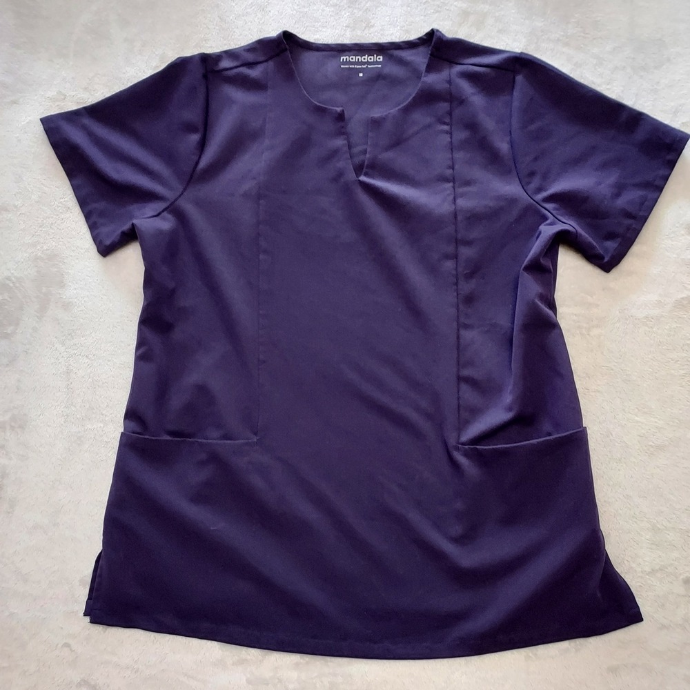 Mandala Equa-Tek Notched Neck Scrub Top Dark Purple Short Sleeve Pockets M
